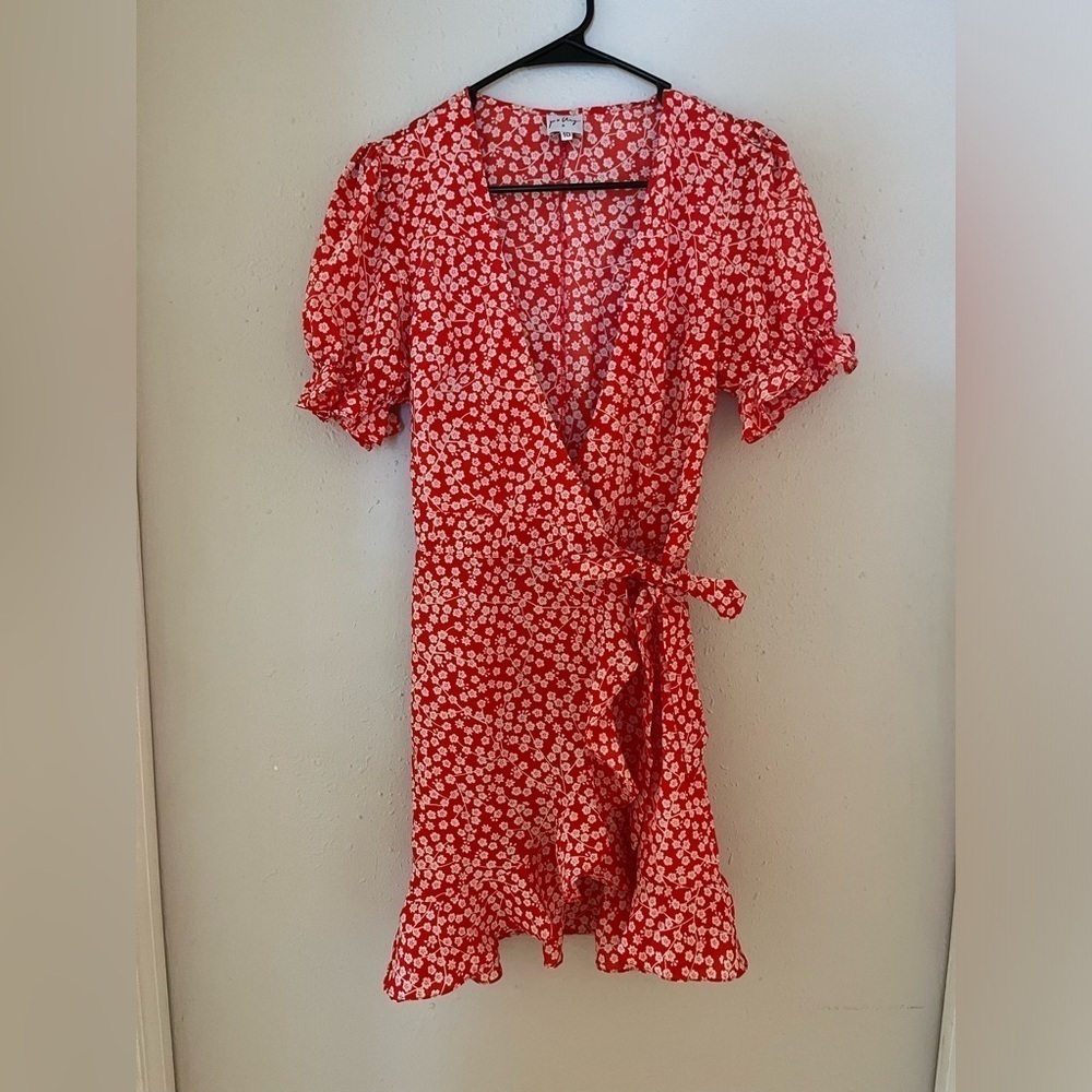 Princess Polly Poppy Moore Red Floral Wrap Mini Dress 10 - Picture 2 of 5